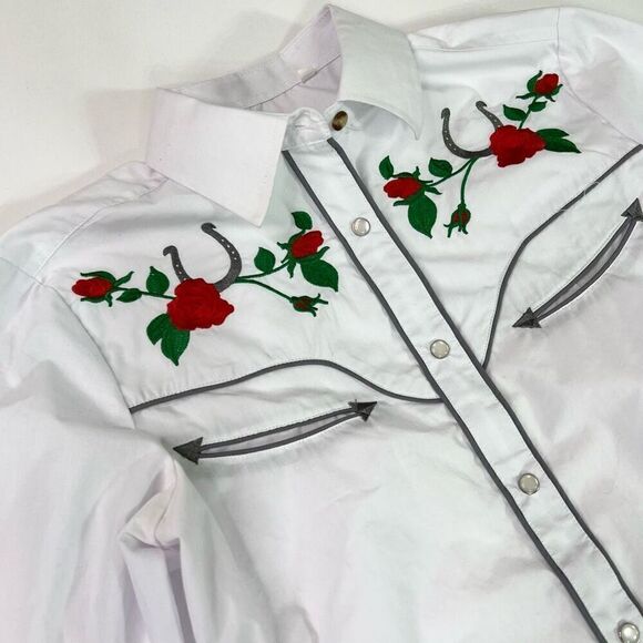 Rodeo Shirt Womens Small White Rose Embroidery Button-Down Cowgirl Top Country - Picture 4 of 9